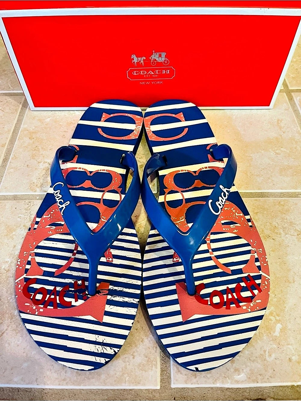Coach Kali Jelly Pop Nautical Stripe Flip Flops Size:9 w/ Original Box